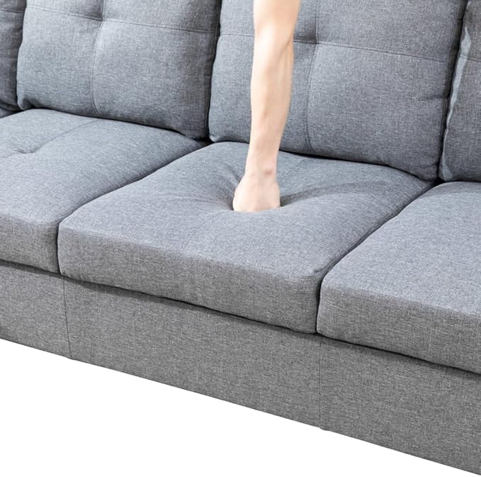 L-Shaped 3-Piece Linen Sofa with Storage Ottoman Set Sectional Couch Sofa Set for Living Room Office Small Space Grey