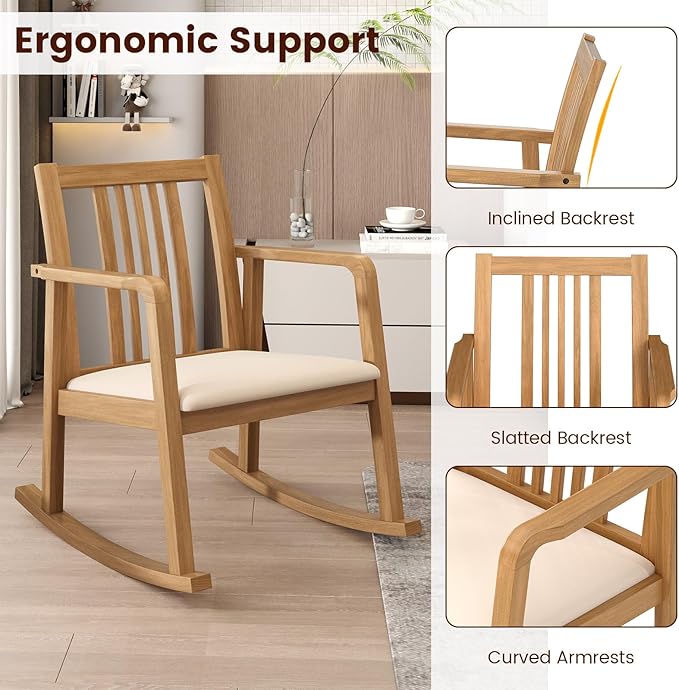 Giantex Rocking Chair with Cushioned Seat Indoor Solid Rubber Wood Rocker Chair w/Slatted Back &amp Curved Armrests Wooden Accent Armchair for Living Room Bedroom Study Porch (1Natural + Beige)