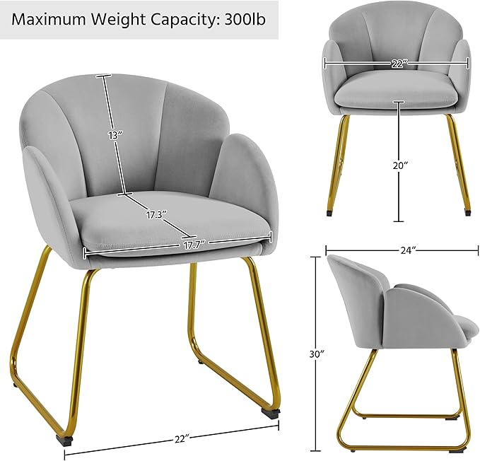 Yaheetech Velvet Dining Chair Flower Shaped Armchair with Golden Legs Upholstered Side Chair for Kitchen Dining Room Living Room Set of 2 Gray