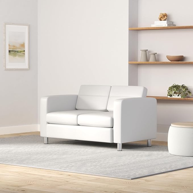 Office Star Pacific Loveseat with Padded Box Spring Seats and Silver Finish Legs Dillon Snow Faux Leather