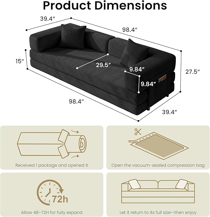 Convertible Floor Sofa Couch | 98.4’’ Folding Futon Sofa with Storage Pocket Oversized Corduroy Loveseat Sleeper Sofa with Pull Out Bed Modular Sectional Sofa for Apartment | Black