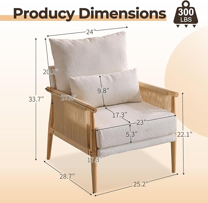 Karl home Cozy Chenille Accent Chair with Lumbar Pillow &amp Rattan Arms Modern Lounge Chair for Living Room Bedroom Reading Nook Beige