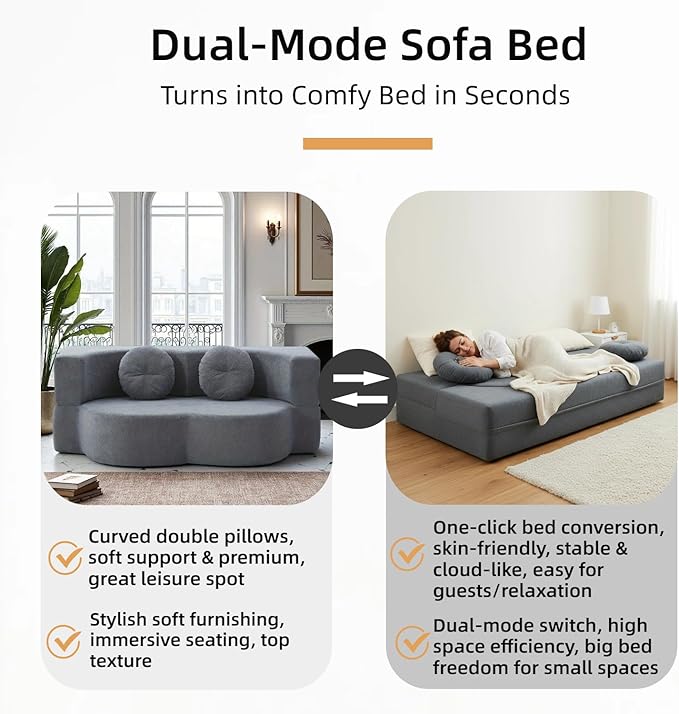 76 Convertible Folding Sofa Bed 2-in-1 Twin Size Loveseat Sleeper Couch Bed with Two Pillows Foldable Space-Saving | Design for Dorms Apartments Bedroom&amp Living RoomNo Assemble(Grey)