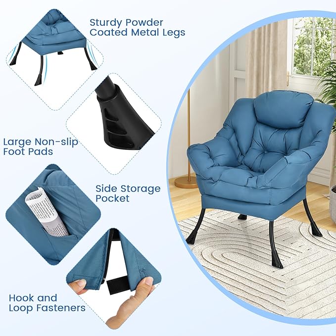 Single Lazy Sofa Chair Modern Lounge Chair Indoor w/Armrests &amp Side Storage Pocket Upholstered Comfy Reading Chair for Bedroom Living Room Office