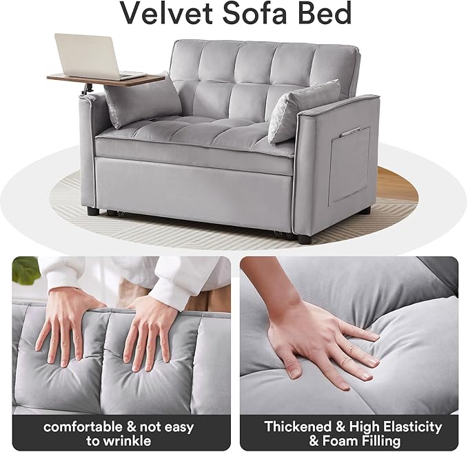 Rovibek 3 in 1 Convertible Sofa Bed Sleeper Pull Out Couch with Table Futon Loveseat Sofa Bed for Living Room with Adjustable Backrest 2 Pillows (Grey