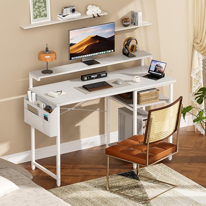 HLDIRECT Computer Desk with LED Lights 40Inch Gaming Desk with Monitor Stand &amp Side Storage Shelves Writing Study Table with Storage Bag for Home Office and Bedroom White