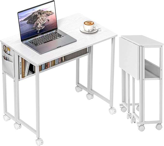 HOMCOM Small Folding Desk Rolling Computer Desk Foldable with Storage Bag and Shelf 31.5 Portable Writing Table on Wheels for Small Spaces Home Office Study Easy Assembly White