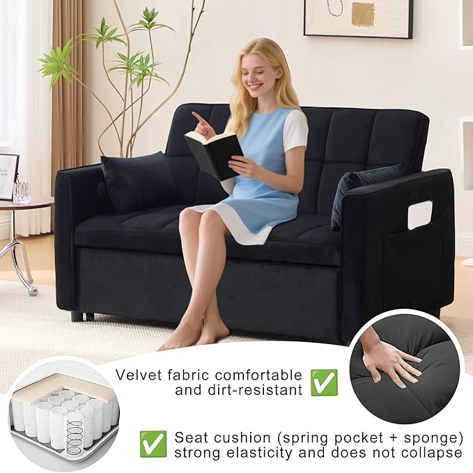 Velvet 3-in-1 Convertible Sleeper Sofa Bed - USB Charging Port Adjustable Backrest Pull-Out Futon Loveseat for Small Space Apartment Versatile Sectional Couch for Living Room (Black)