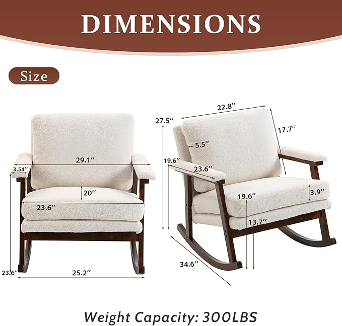 Rocking Chair for Nursery Living Room &amp Bedroom Upholstered Accent Chair with Solid Rubberwood Frame Cozy Reading Chair for Small SpacesWhite