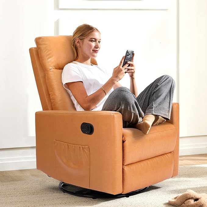 Sweetcrispy Recliner Chair 360 Swivel Rocker Chair for Adults Glider Rocker Recliners Nursery Chairs for Living Room High Back Upholstered Deep Seat Classical Brown