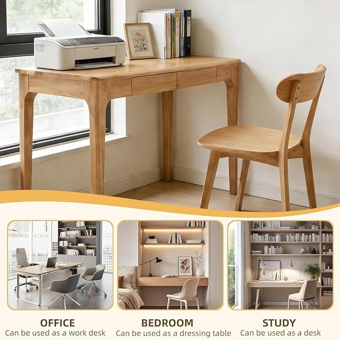 Solid Wood Desk with Drawers Home Office Desk for Small Spaces Wooden Computer Table Gaming Work or Study Desk Student PC Desk for Bedroom Easy to Assemble