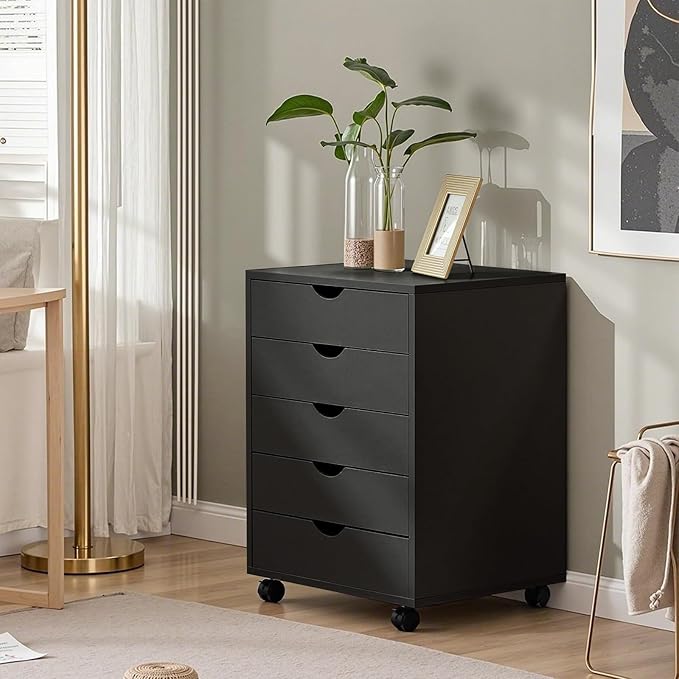 OLIXIS 5 Drawer Mobile File Cabinet Under Desk Storage Organization with Wheels Vertical Filing Chest Rolling Wood Small Desk Printer Stand for Home Office 15.75D x 18.74W x 25.39H Black