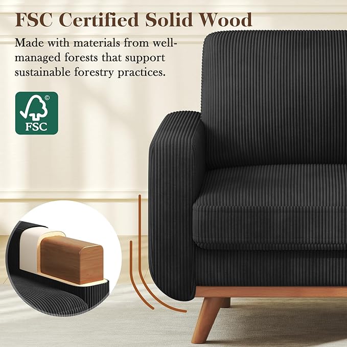38.5 Black Corduroy Accent Chair Comfy Deep Seat Armchair with Spring Cushion Modern Reading Sofa for Living Room Bedroom