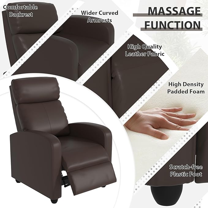 Massage Recliner ChairHome Theater Seating Single Sofa for AdultsReclining Seat with Backrest and FootrestModern PU Leather Wingback Seating for Living RoomOfficeApartment - Brown