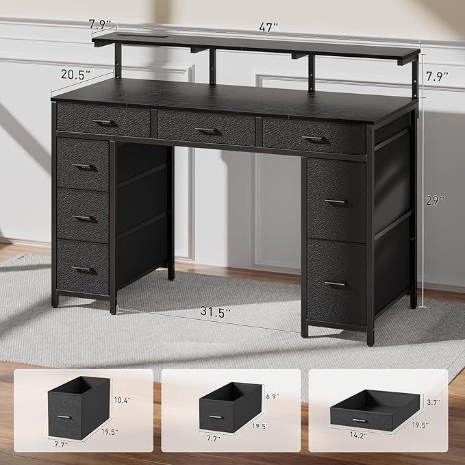HLDIRECT 47 inch Computer Desk with 8 Storage Drawers Gaming Desk with LED Lights &amp USB Power Outlets Home Office Table with Monitor Stand Study Writing Work Table for Bedroom Black