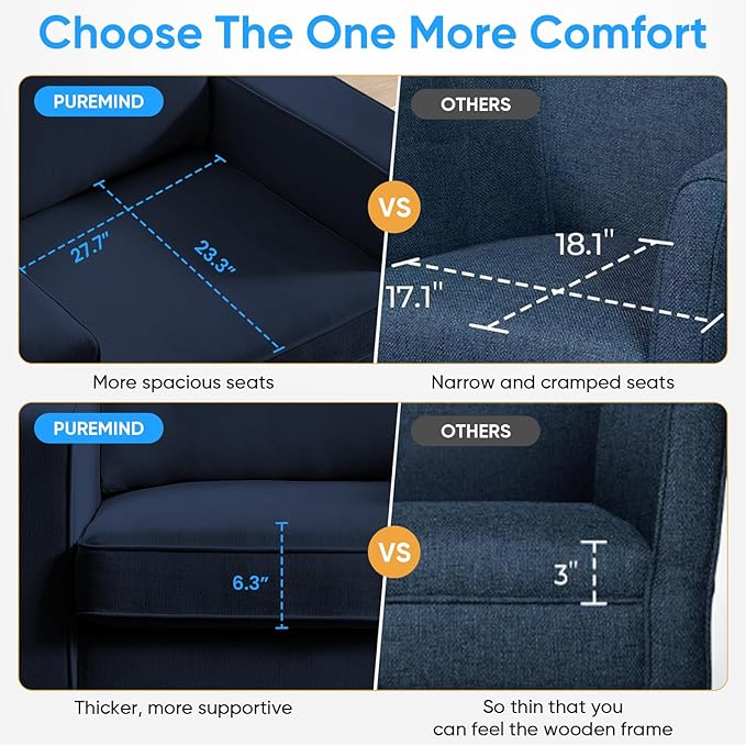PUREMIND 360° Swivel Accent Chair Wide Upholstered Arm Chair with Wide Armrests Modern Square Sofa Living Room Chair for Bedroom Corner Reading Blue