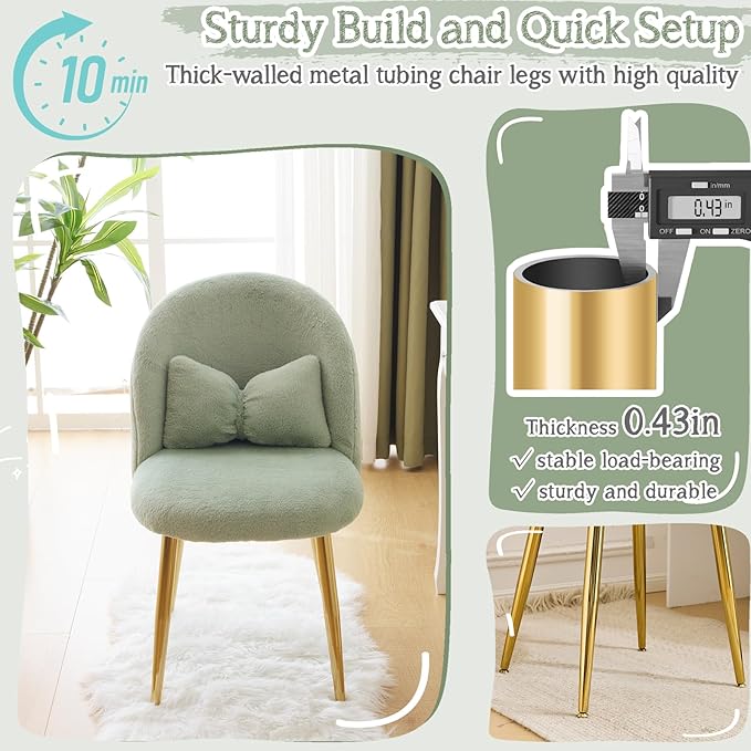 VINGLI Fluffy Girls Vanity Chair with Back &amp PillowCute Small Cozy Desk Chair No WheelsComfy Makeup Ch with Ajustable Gold Legsfor BedroomLiving RoomSmall SpaceGreen