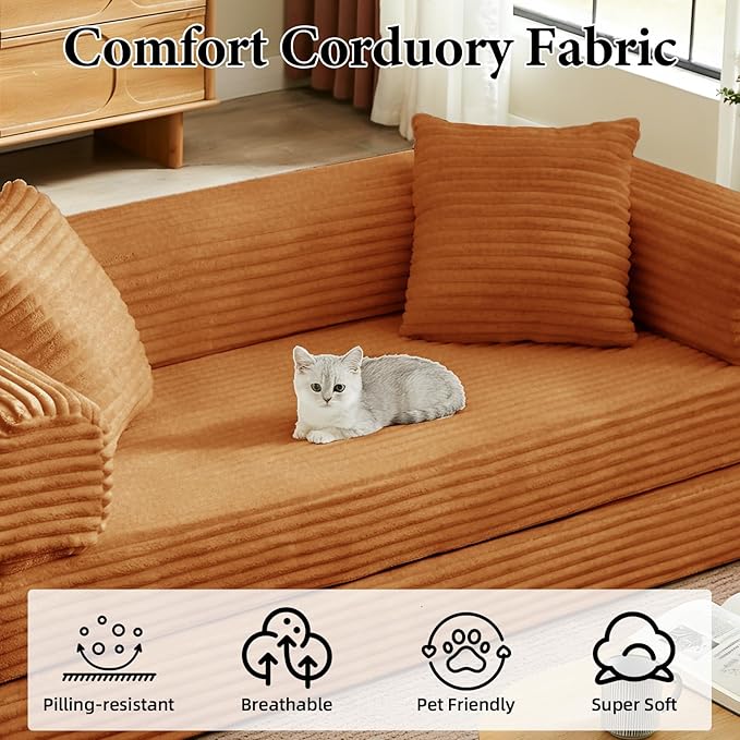 Folding Convertible Sleeper Sofa Bed Corduroy Upholstered Boneless Couch with Pillows Modular Floor Sofa Compression Couch for Living Room No Assembly Required (Orange)