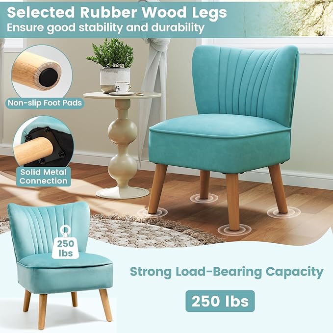 KOMFOTT Velvet Accent Chair Modern Armless Sofa Chair with Solid Rubber Wood Legs Wingback Leisure Chair with Thick Cushion Upholstered Side Chair for Living Room Bedroom Turquoise