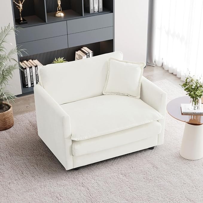 Single Accent Chair Sofa Chenille Fabric Reading Chair Single Sofa Couch with Pillow for Living Room Apartment Office(White)