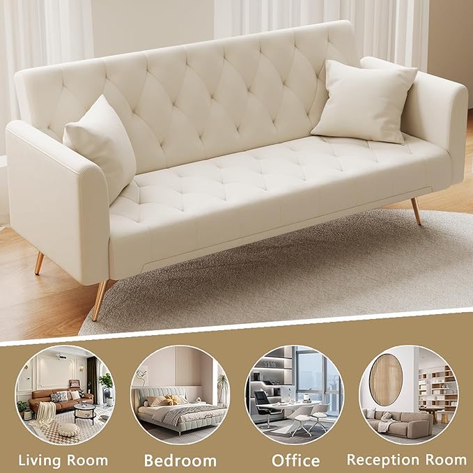 71 Convertible Folding Sleeper Sofa CouchModern Velvet Loveseat Sleeper with 2 Pillows Futon Sofa Bed with Mattress and Frame for Living RoomBedroomSmall Space (Beige)