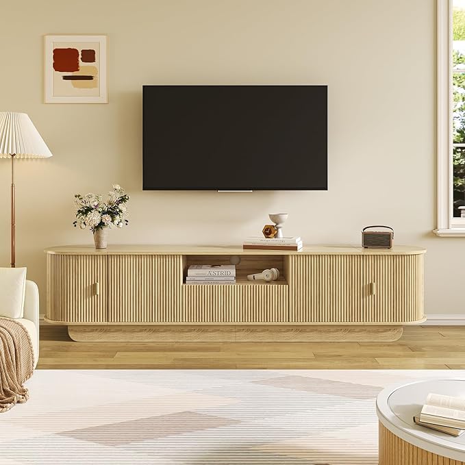 Fluted TV Stand and Coffee Table Set of 286.61'' TV Console for 55-85 InchModern Entertainment Center with Large Storage CabinetLift Top Coffee Table for Living Room Bedroom Natural