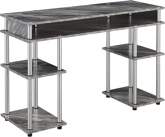 Pemberly Row No Tools Student Desk Gray Faux Marble Wood Finish Stainless Steel Legs 47.25 x 15.75 x 30 in Modern Home Office Desk with Shelves for Storage