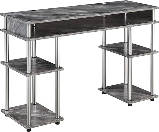 Pemberly Row No Tools Student Desk Gray Faux Marble Wood Finish Stainless Steel Legs 47.25 x 15.75 x 30 in Modern Home Office Desk with Shelves for Storage
