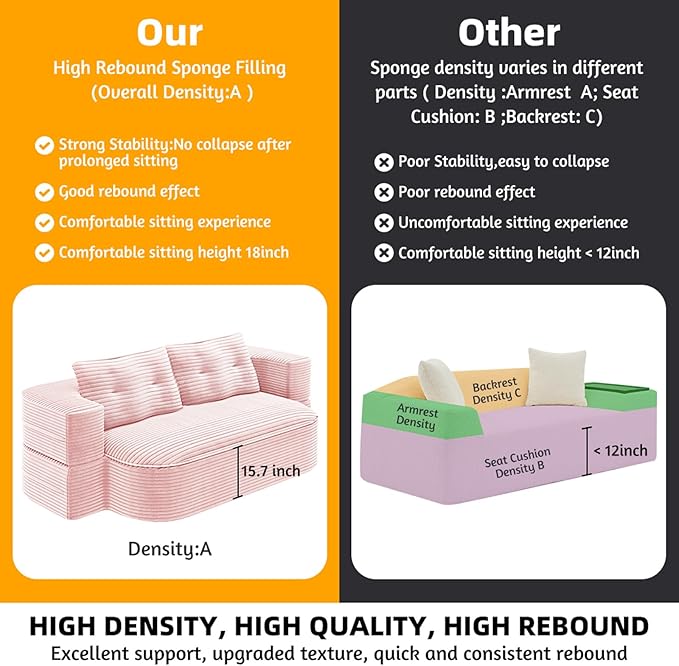 78.7 Full Size Boneless Couch Bed Plush Corduroy Memory Foam Floor Sofa with Multi Functional Blanket 2 in 1Convertible Sleeper Sofa Bed for Living Room Offices Apartment No Assembly (Pink)