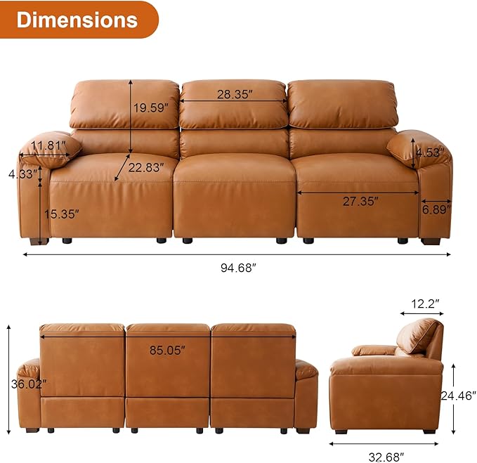 95 3-Seater PU Faux Leather Couch Modular Sectional Sofa Oversized Mid-Century Modern Comfy Couches with Extra Deep Seats Wide Arm for Living RoomOffices Apartments Easy to Assemble Brown | PU Fa