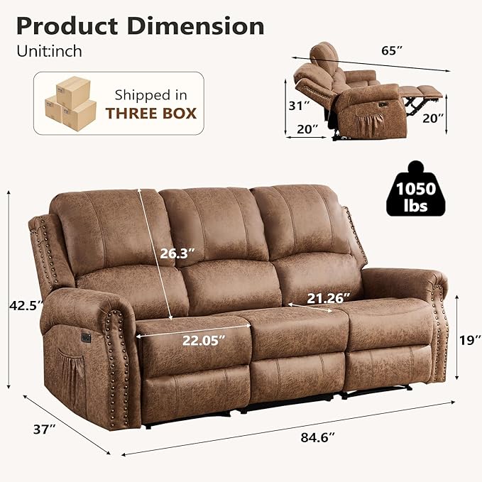 85 Wide Power Reclining Sofa with Side Pockets 3-Seater Electric Recliner Sofa Chair with Overstuffed Backrest Faux Leather Couch Furniture with Rivets for Living Room Brown