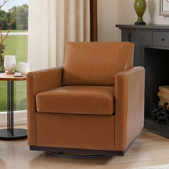 Swivel Barrel Accent Chair Mid Century Modern Arm Chair for Living Room Bedroom Comfy Club Reading Lounge Sofa Corner Chairs for Adults (Leather Light Brown Set of 1)