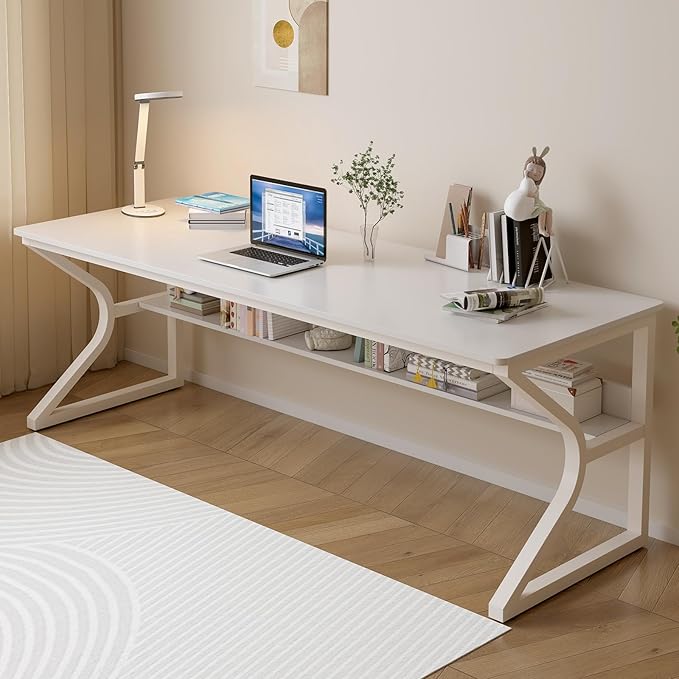 Extra Long Desk with Bookshelf - 71 Double Long Writing Table for 2-Person Workstation Modern Study Work Computer Desk for Home and Office Warm White