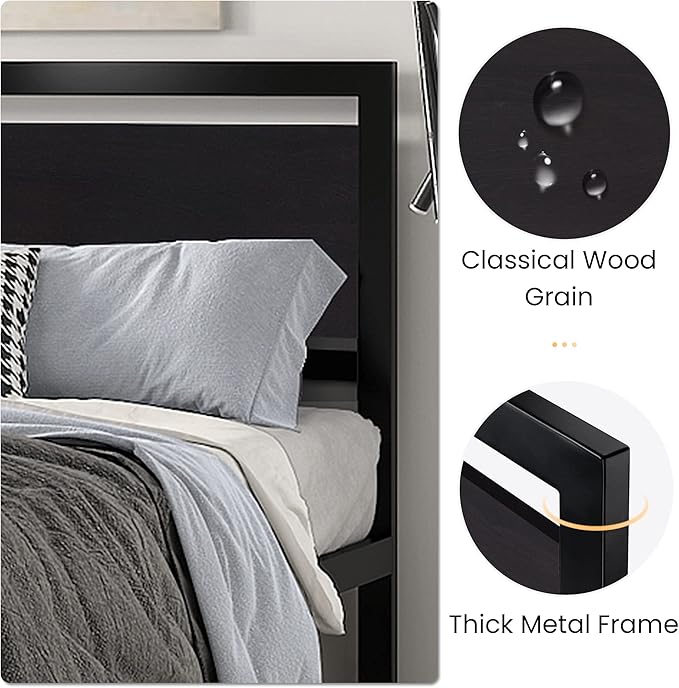 SHA CERLIN Full Size Bed Frame with Modern Headboard Heavy Duty Platform Metal Base with Square Footboard and 13 Strong Slats Support No Box Spring Needed Black