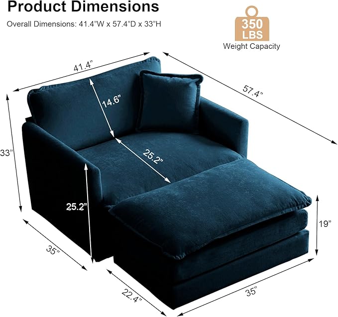 KIVENJAJA 41.4”W Oversized Sofa Chair with Ottoman Modern Chenille Deep Seat Single Couch Armchair Comfy Chaise Lounge Indoor with Pillow for Living Room Bedroom Apartment Blue