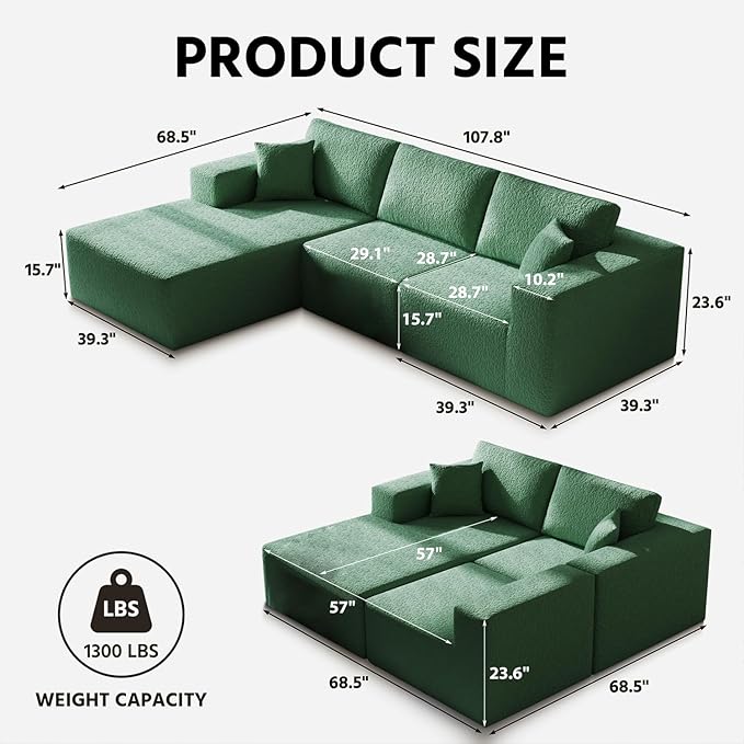108 Cloud Modular Sectional Couch with L-Shape Chaise Modern Sectional Sofa with Deep Seat Couch Ultra Soft Knit Fabric Couches for Living Room No Assembly Required Left Facing Chaise (Green)