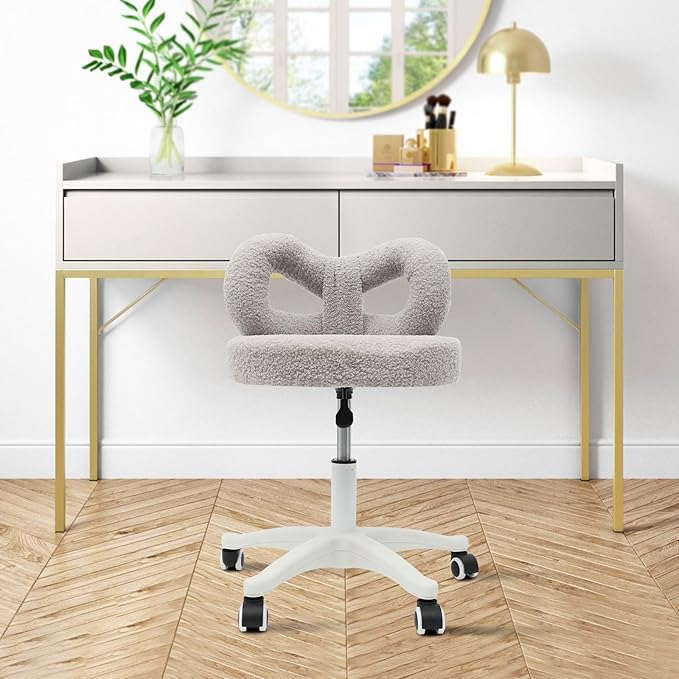 TrueyEssenceModern Vanity Chair with Wheels Roller Chair with Cute Butterfly Backrest Make-up Chair Comfortable Accent Chair for Living Room Bedroom Adjustable Height (Grey)