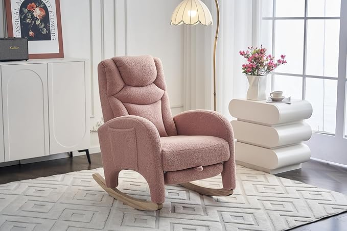 Rocking Chair with Foot Rest Nursery Glider Teddy Gliding Rocking Chair with Retractable Footrest Rubber Wood Legs Side Pocket High Back &amp Wide Seat Nursing Chair for Living Room (Pink)