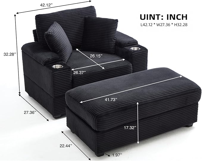 KEIKI Oversized Accent Chair with Ottoman Chaise Lounge Chair Indoor with Handrail Storage Cupholders Oversized Sofa Bed Deep Seat Sleeper Couch Reading Chairs for Living Room Black