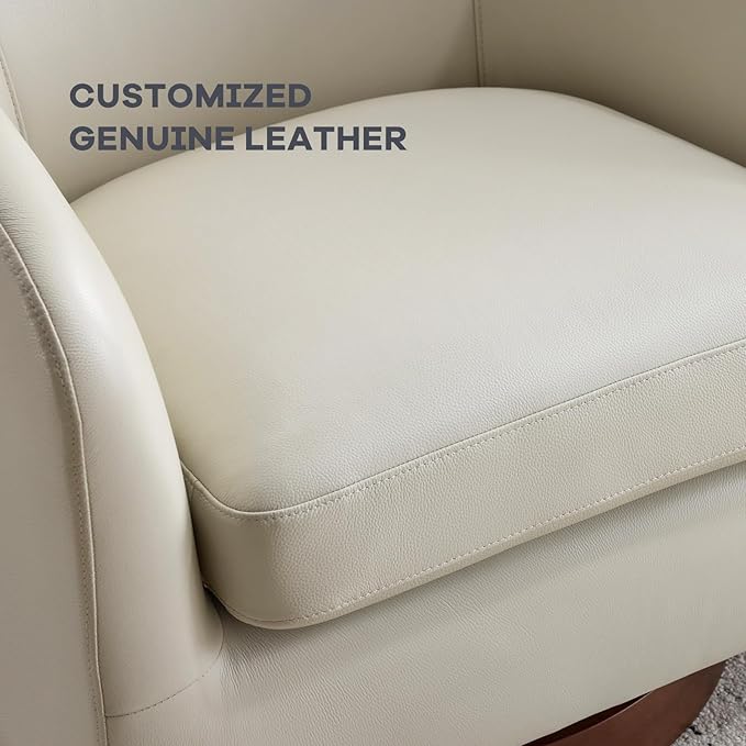 AEDI Genuine Leather Swivel Accent Chair Barrel Chair for Living Room Soft Greige