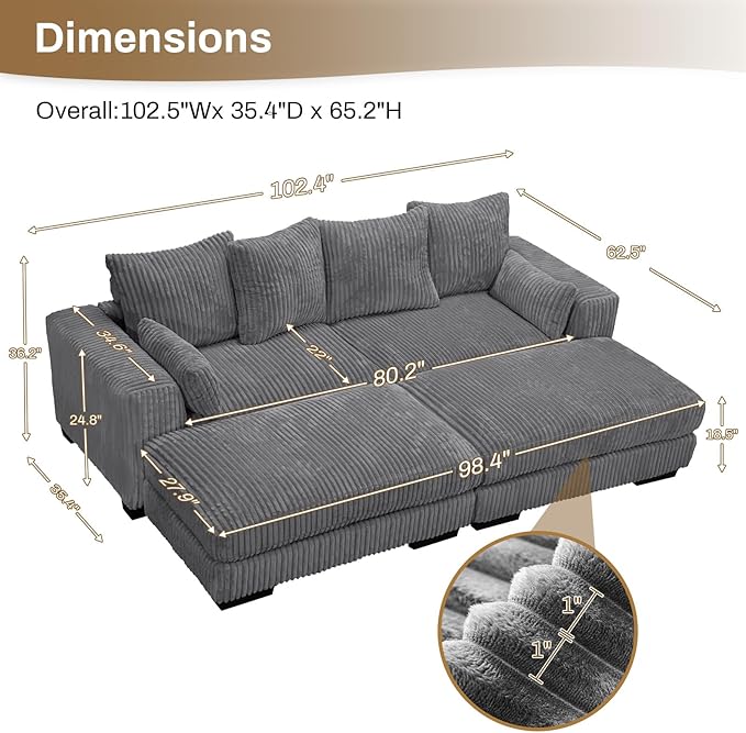 Legend Vansen Modular Sectional Couch Upholstered Corduroy Sofa with Deep Seat and Widened ArmrestsComfy Sectional Couches for Living RoomBedroom (Grey 4 Seat Sofa)