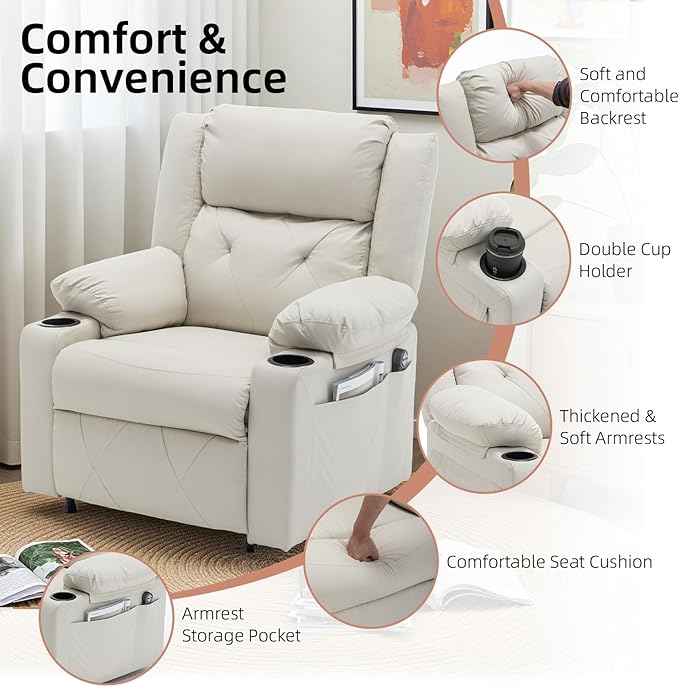 Power Recliner Chair with Vibration Massage &amp HeatUpholstered Faux Leather Single Reclining Sofa with Side Pockets Side Table for Living Room Home Theater (Beige)