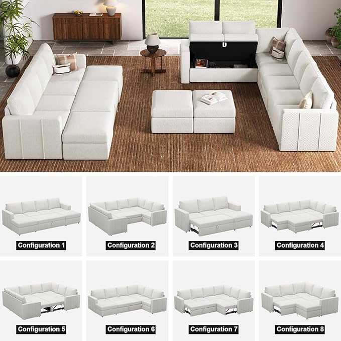 Belffin Modular Sectional Sleeper Sofa with Pull Out Bed and Storage Ottoman Convertible L Shape Sleeper Sectional Couch for Living Room Beige