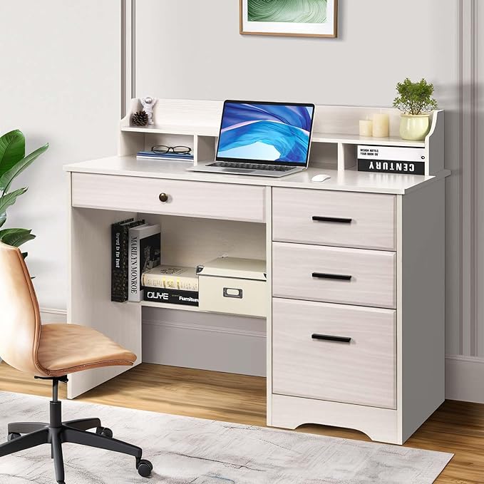 Small Desk with 4 Drawers Computer Desk with Storage &amp Monitor Stand for Small Space Office Desk with File Drawers &amp Shelve for Bedroom Wood Writing Desk with Hutch Milky White