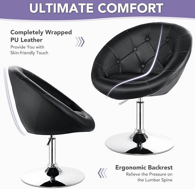 Giantex Vanity Height Adjustable Makeup Tufted Round Back Bar Chrome Frame Leather Modern Swivel Accent Chairs Black