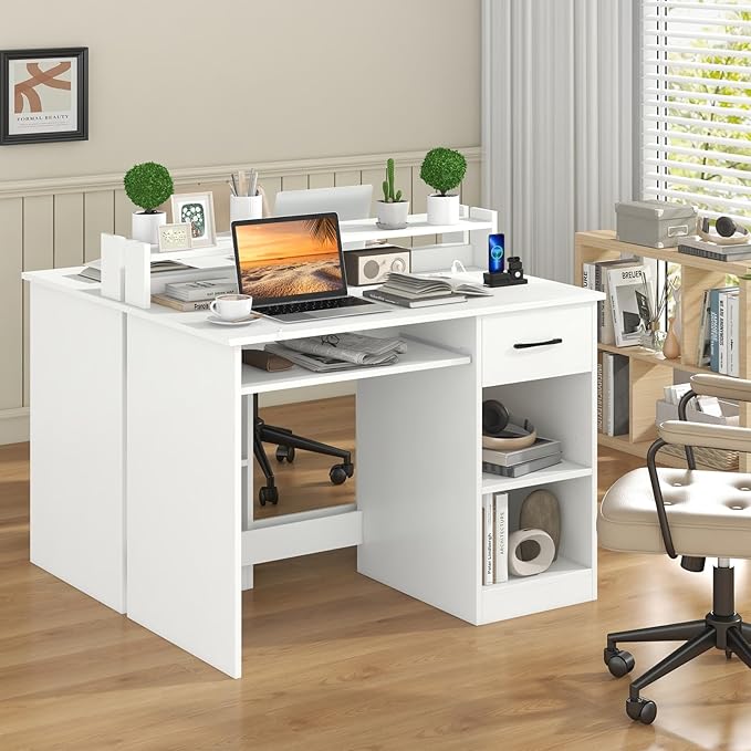 GOFLAME White Computer Desk with Charging Station Type C Port Modern Writing Desk with Drawer Removable &amp Adjustable Shelf Keyboard Tray Home Office Laptop Desk with Hutch for Bedroom Study