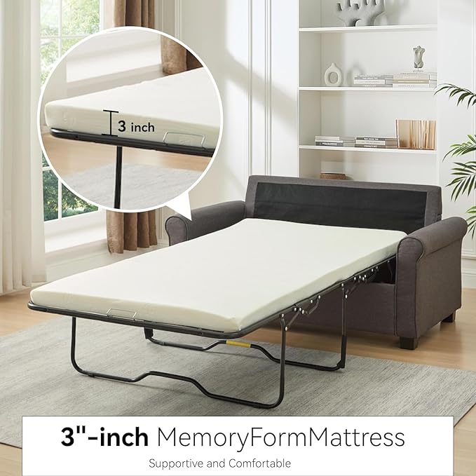 Pull Out Sofa Bed 73+3 with Memory Foam Mattress Bed Frame Linen Two Seat Loveseat 57 2-in-1 Convertible Sleeper CouchNo Assembly Space-Saving for Living Room Office Apartment Grey