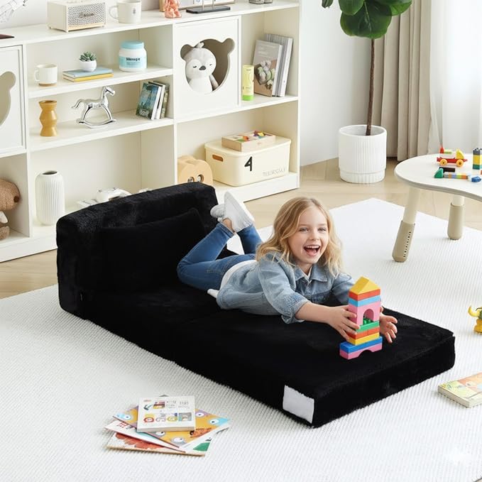 Tiita Convertible Folding Kids Sofa Bed with Pillow &amp Storage Bag Plush Fabric Floor Mattress Couch Bed Washable Cover Kids Room Playroom Dorm Apartment Black