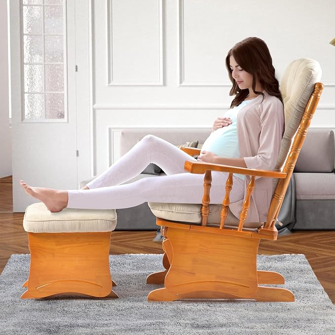 Anti-Pinch Solid Wood Hand Glider Rocking Chair Set with Ottoman Padded Cushion Rustic Rubber Wood Nursery Glider for Nursing Relaxing Living Room Bedroom Honey Colored