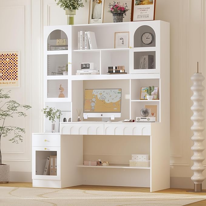 WOODTIME Home Office Computer Desk with Arch Glass Doors Drawers &amp 13 Shelves Modern Wooden Study Writing Gaming Table Workstation White